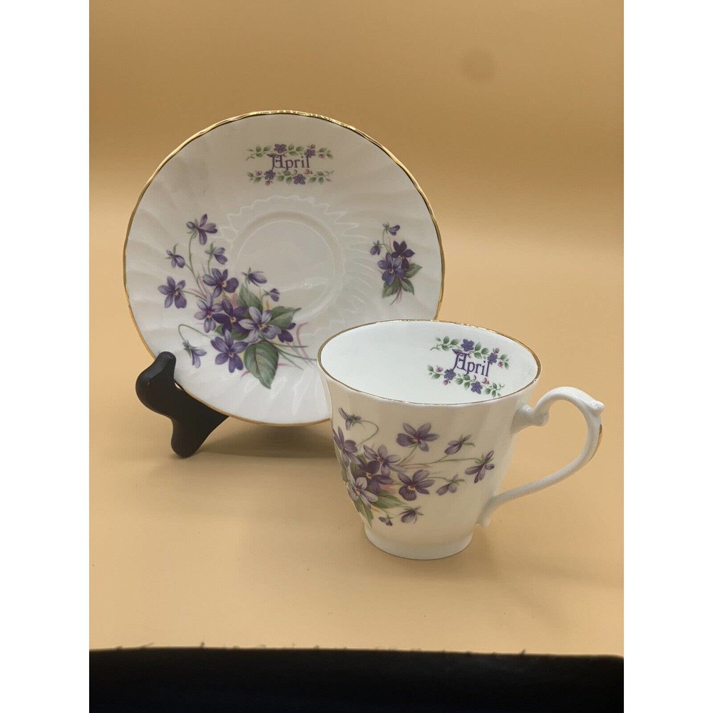 Ventge April Sadler Wellington Bone China Teacup and Saucer Set Flowers Purple